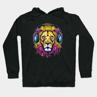 t-shirt design, colorful lion with headphones on, graffiti art Hoodie